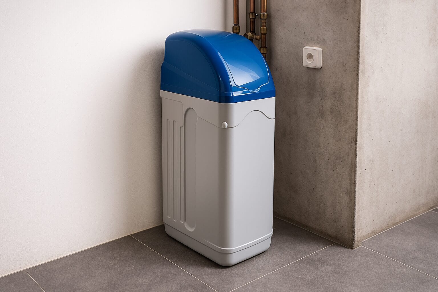 Moderne waterverzachter geplaatst in een hoek van de woning, ideaal voor wie kiest voor duurzaam en kalkvrij water