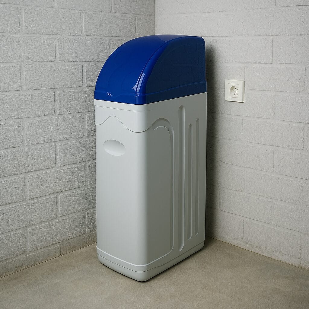 Moderne waterverzachter netjes geïnstalleerd tegen een lichtgrijze bakstenen muur, symbool voor comfort en de vele voordelen van kalkvrij water