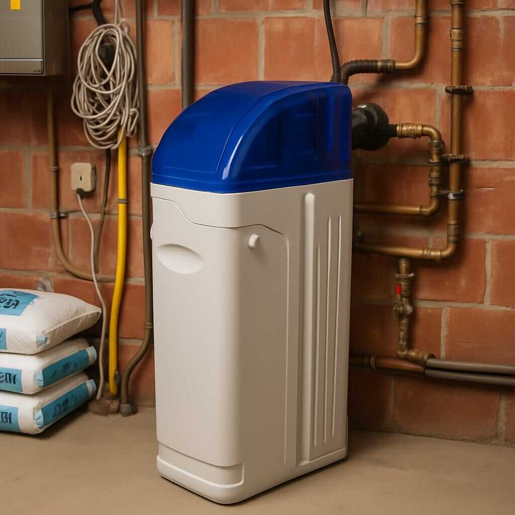 Waterverzachter aangesloten in een technische ruimte met zichtbare leidingen en zoutvoorraad, als investering in comfort en kalkvrij leidingwater