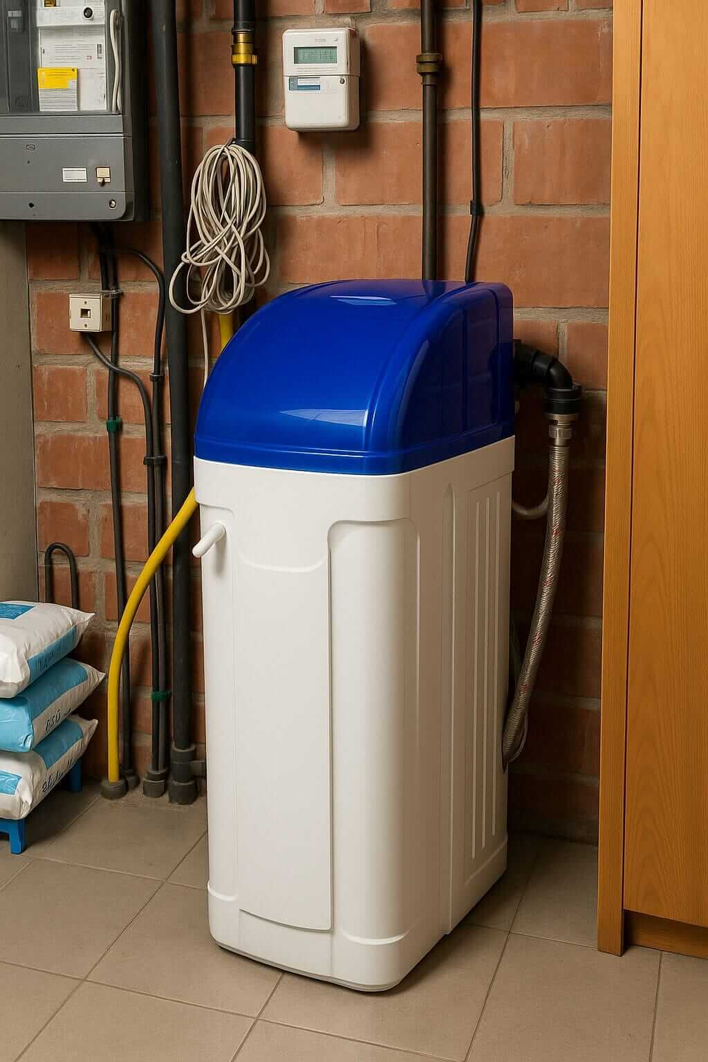 Waterverzachter geïnstalleerd in een technische ruimte met zichtbare leidingen, kabels, zoutvoorraad en een bakstenen muur, met oog voor realistische details en aansluiting