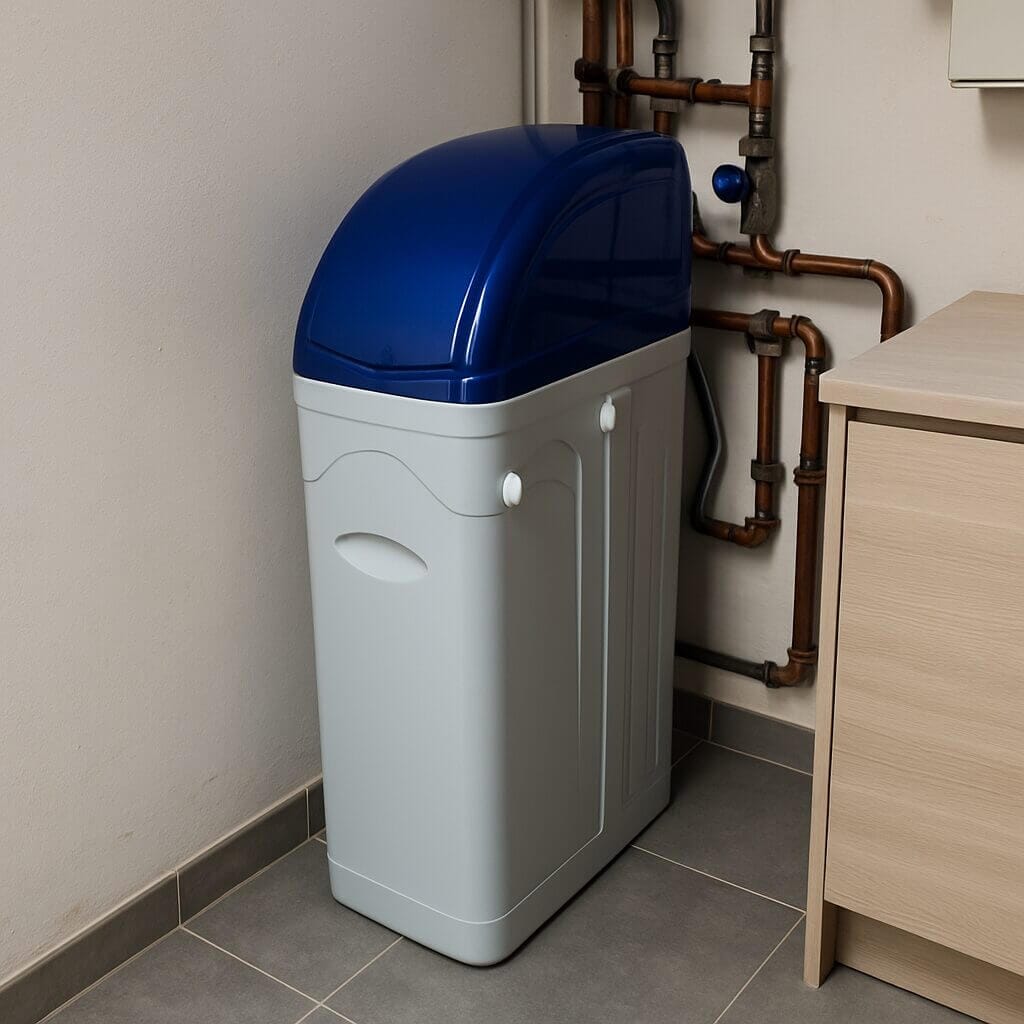 Waterverzachter geïnstalleerd naast leidingen en een houten kast in een woning, een situatie waarbij beperkte ruimte of moeilijk bereikbare aansluitingen de installatie kunnen vertragen