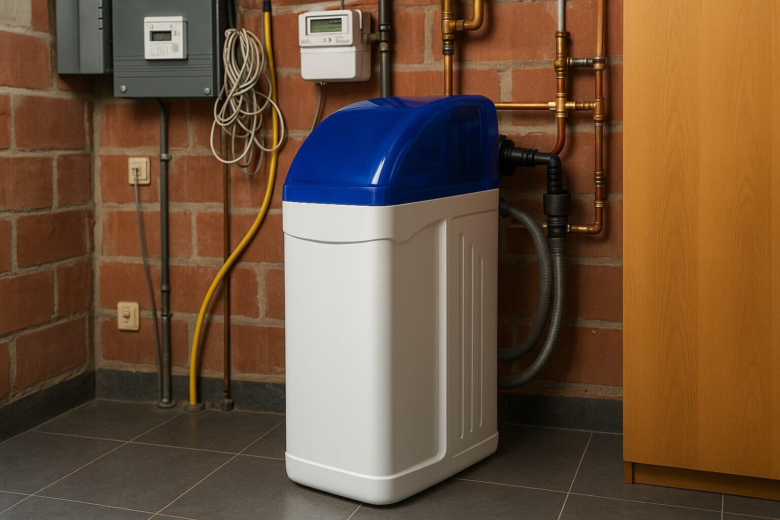 Waterverzachter geïnstalleerd in een verzorgde technische ruimte met bakstenen muur klaar voor langdurige besparing op huishoudtoestellen