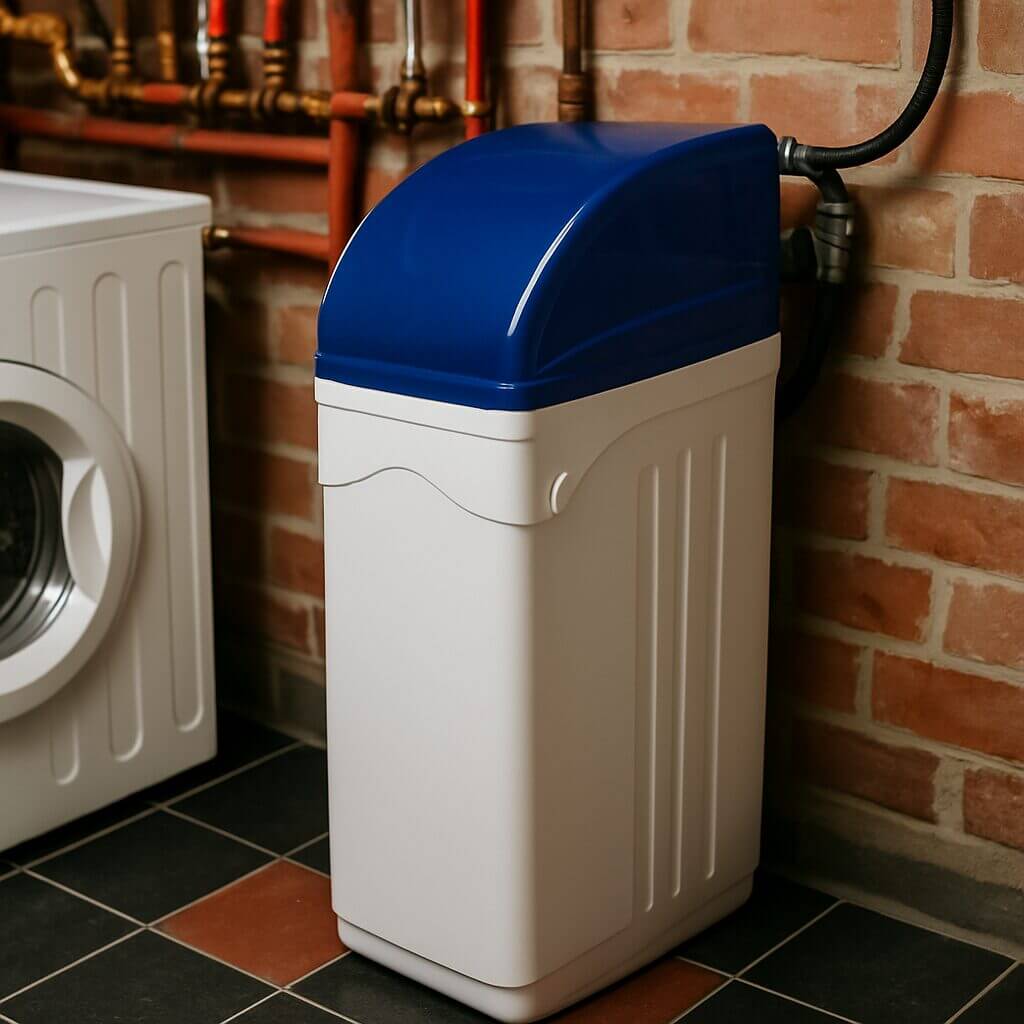 Waterverzachter geïnstalleerd in een wasruimte met bakstenen muur en tegelvloer, een slimme investering die besparingen oplevert op energie, toestellen en onderhoudskosten