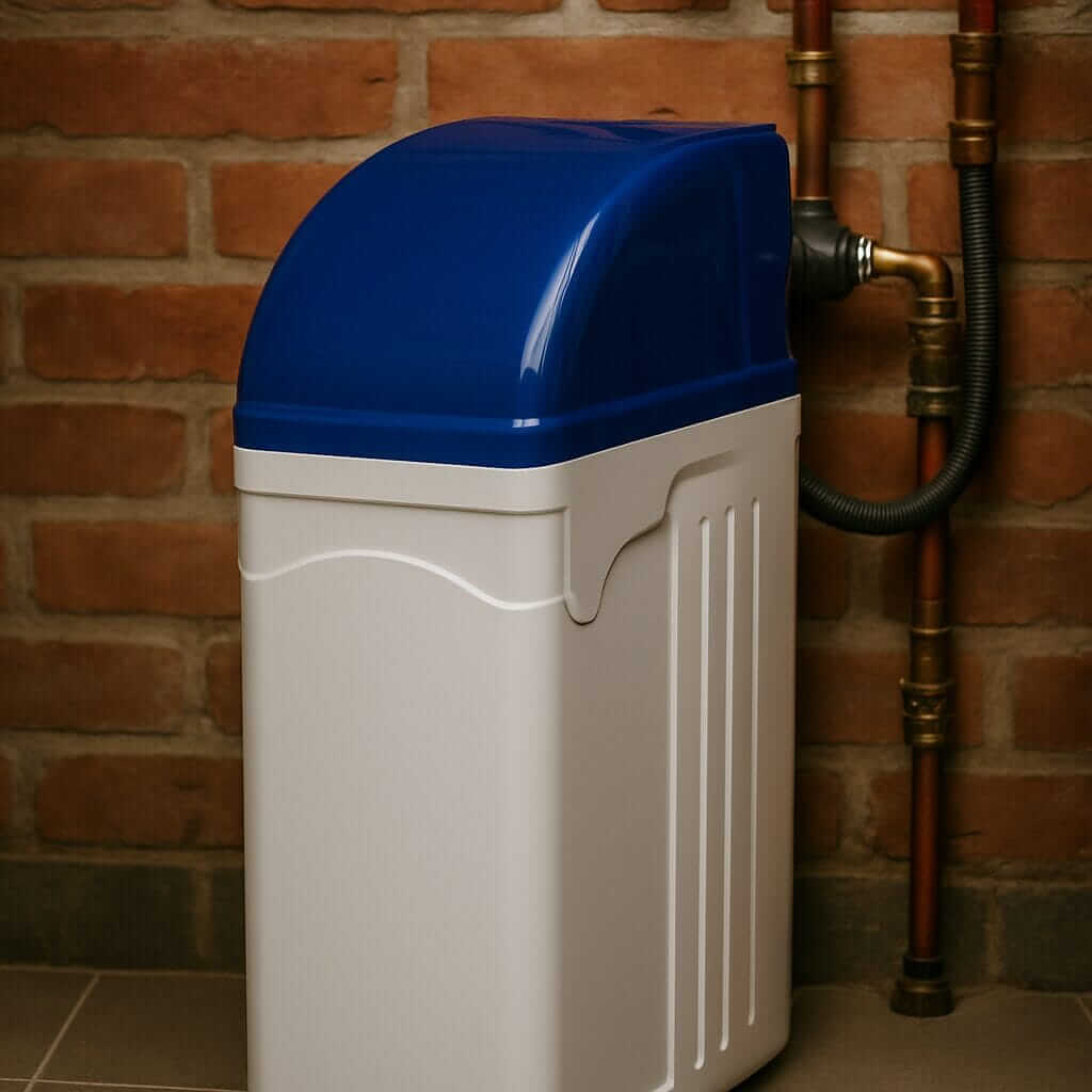 Waterverzachter geïnstalleerd tegen een rode bakstenen muur