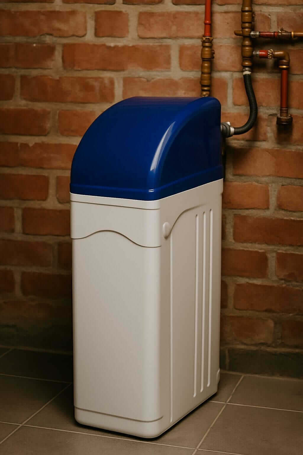 Waterverzachter geplaatst tegen een bakstenen muur op een betegelde vloer